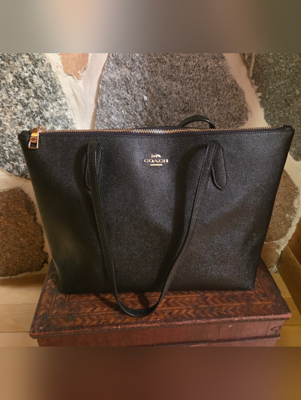 Coach Black Leather Zip-Top Tote with Gold Hardware